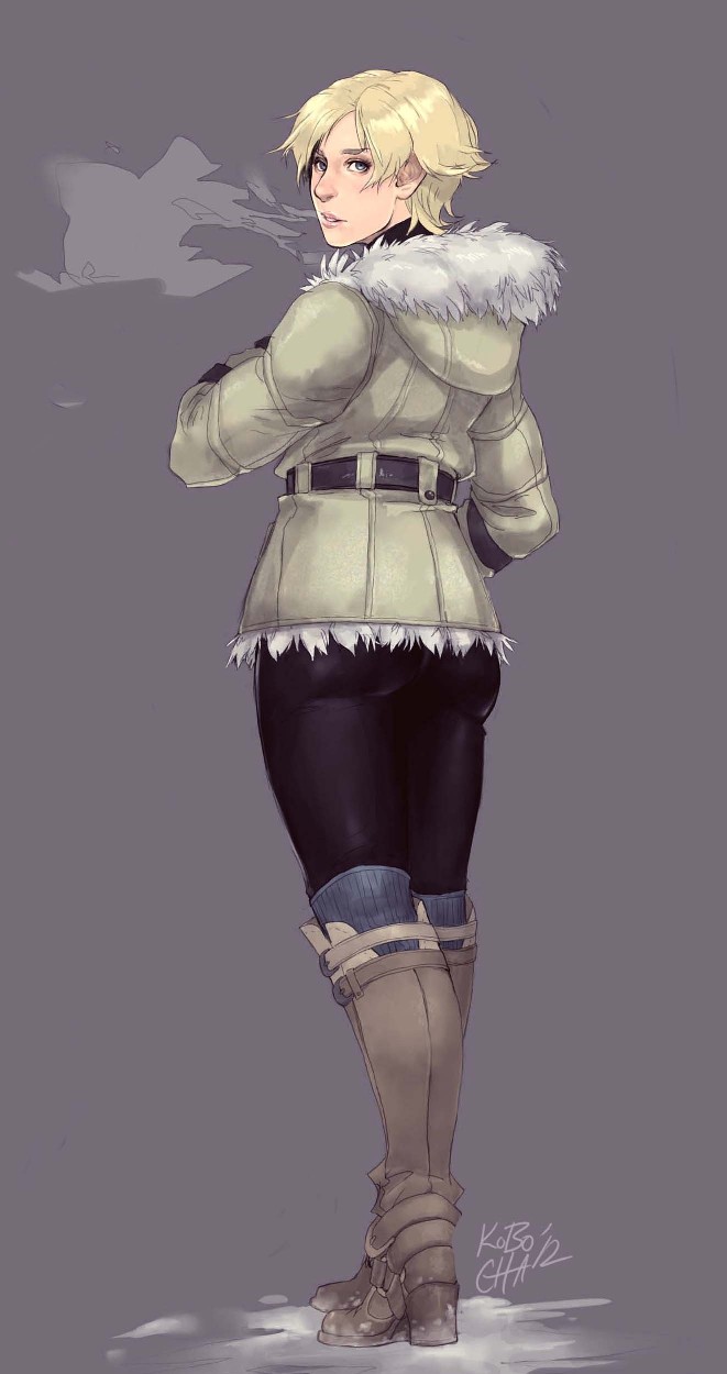ass, blonde_hair, blue_eyes, boots, breath, from_behind, fur_trim, highres