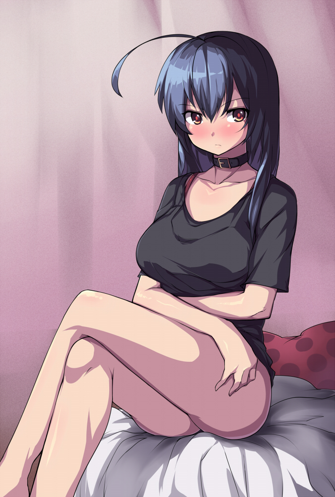ahoge, black_hair, blush, chuunibyou_demo_koi_ga_shitai!, collar, collarbone, crossed_legs, legs