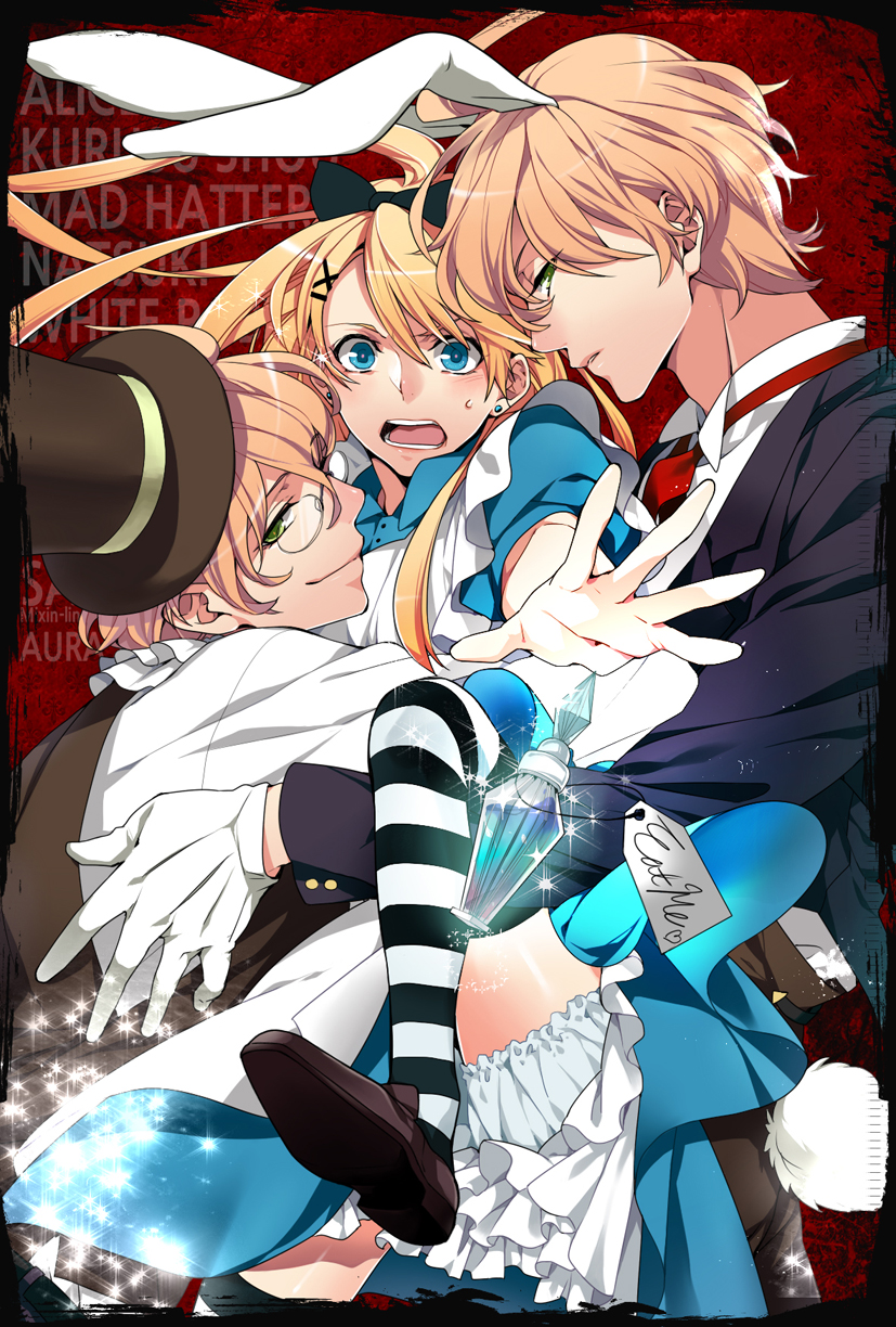 alice_(wonderland), alice_(wonderland)_(cosplay), alice_in_wonderland, animal_ears, apron, blonde_hair, bloomers, blue_eyes, blush, bow, bunny_ears, bunny_tail, cosplay, crossdressinging, dress, glasses, gloves, green_eyes, hair_bow, highres, kurusu_shou, long_hair, mad_hatter, mad_hatter_(cosplay), multiple_boys, open_mouth, rabbit_ears, shinomiya_natsuki, shinomiya_satsuki, short_hair, smile, striped, striped_legwear, sweat, tail, thigh-highs, thighhighs, trap, uta_no_prince-sama, white_rabbit, white_rabbit_(cosplay)