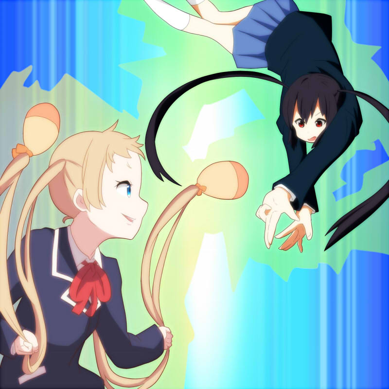 2girls, black_hair, blonde_hair, blue_eyes, chuunibyou_demo_koi_ga_shitai!, company_connection, crossover, dekomori_sanae, game_center_arashi, hair_weapon, hobunsha, honjou, k-on!, kyoto_animation, long_hair, multiple_girls, nakano_azusa, parody, red_eyes, school_uniform, smile, studio_connection, tbs, tokyo_mx, twintails