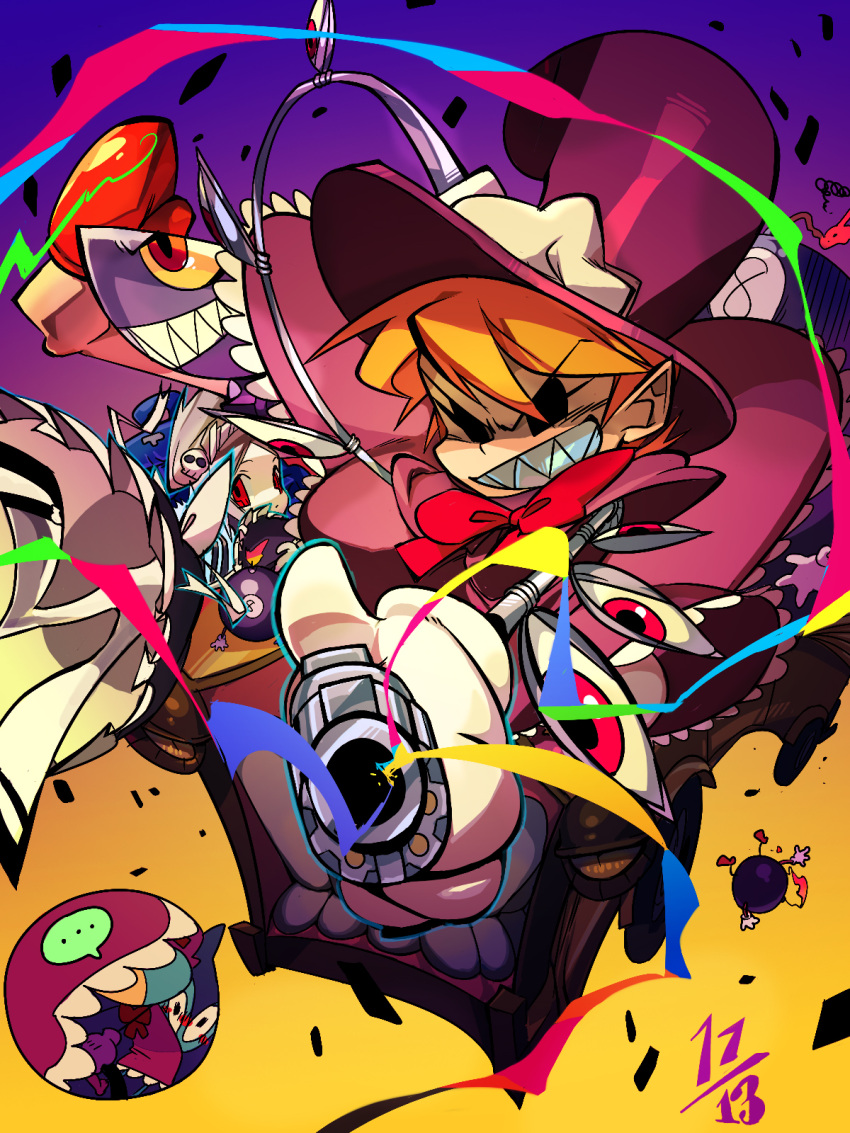 2girls, aiming_at_viewer, andy_anvil, avery_(skullgirls), black_eyes, bloody_marie_(skullgirls), blush, bomb