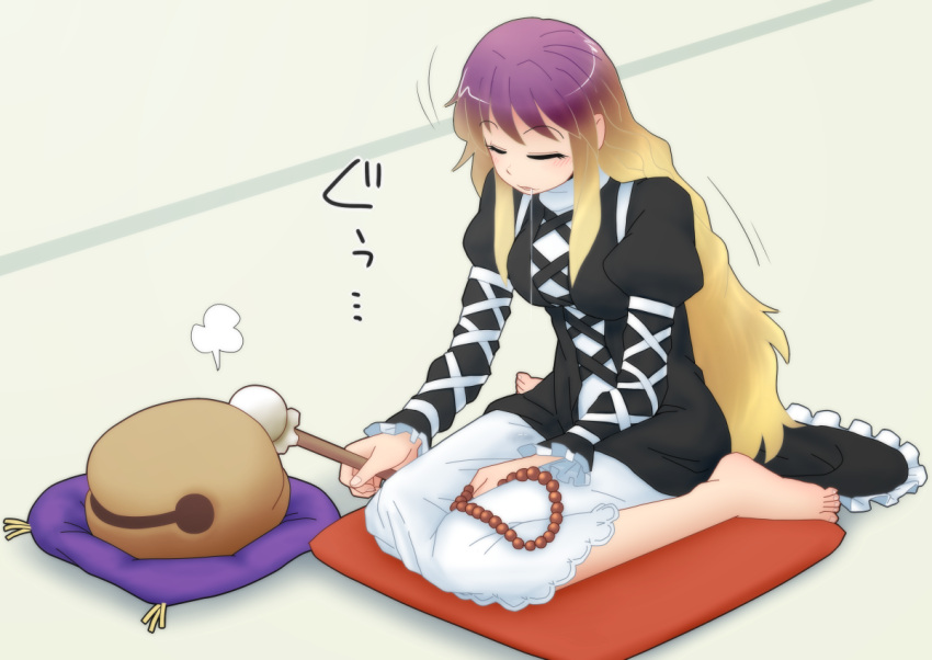 barefoot, beads, blonde_hair, drooling, gradient_hair, hijiri_byakuren, iromeki_overdrive, long_hair