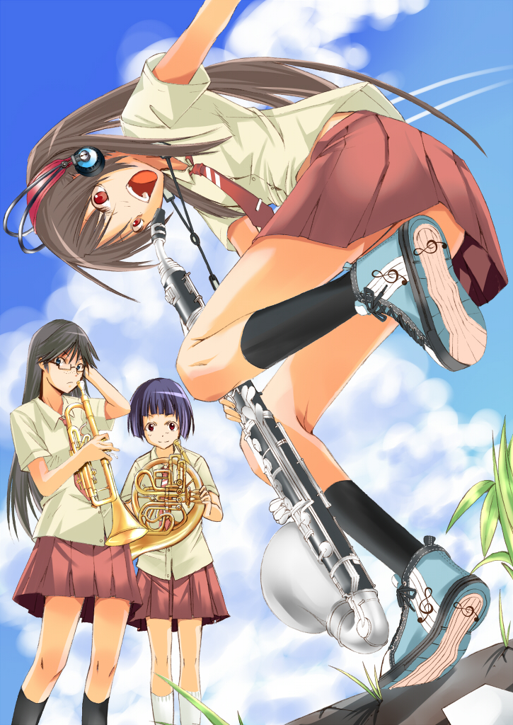 bad_id, brown_hair, clarinet, french_horn, glasses, happy, headphones, instrument