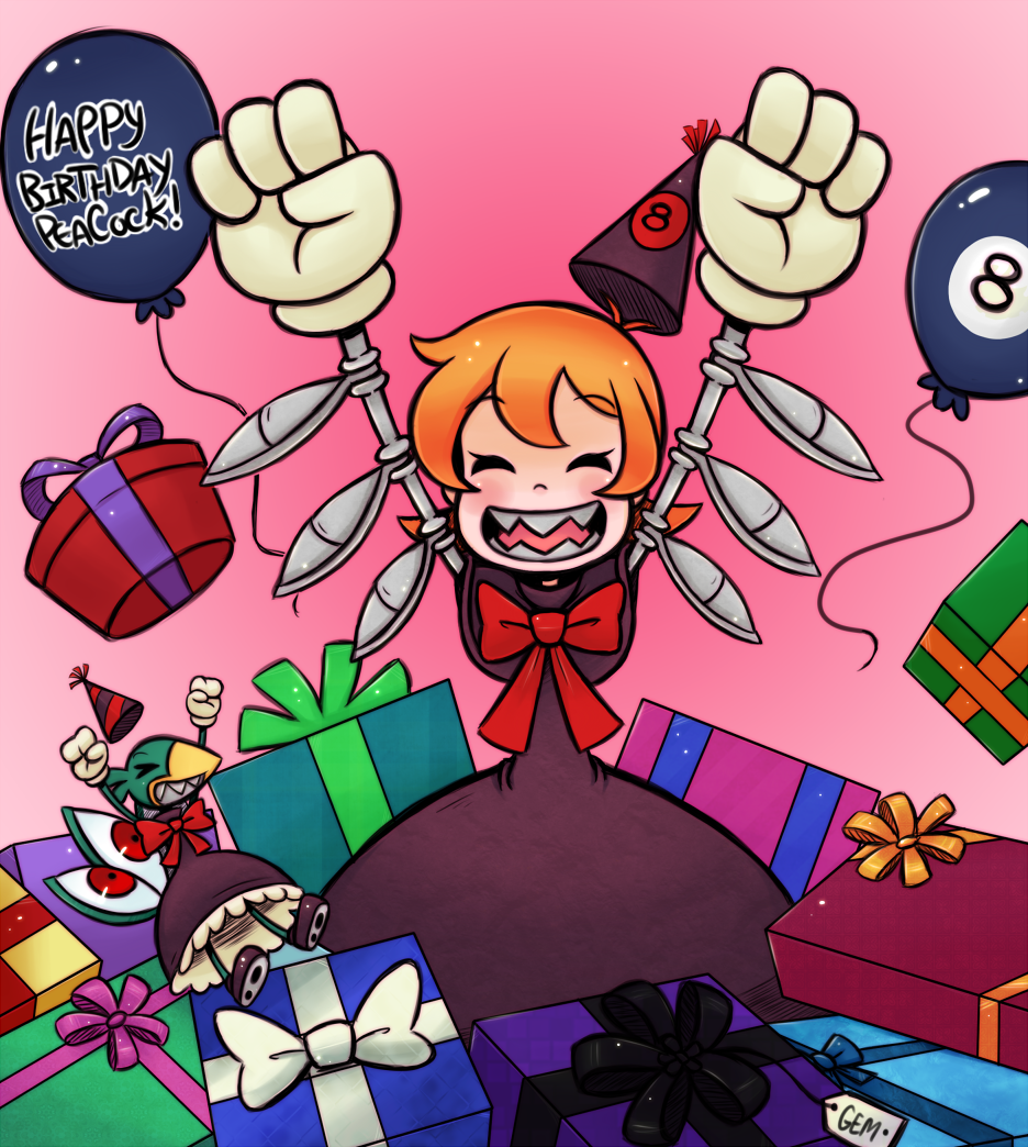 1girl, arms_up, artist_name, avery_(skullgirls), balloon, birthday, blush, character_name