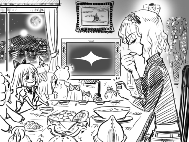 commentary, doll, food, full_moon, gensokoumuten, gensoukoumuten, hairband, monochrome