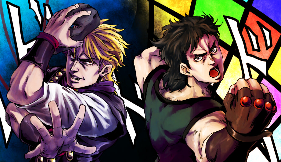 blonde_hair, blue_eyes, brown_hair, dio_brando, doyamatsu, fingerless_gloves, gloves, jojo_no_kimyou_na_bouken
