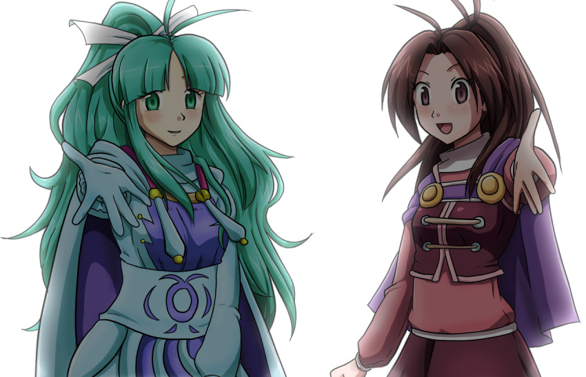 ahoge, blue_eyes, blue_hair, cape, golden_sun, jasmine_(golden_sun), long_hair, mary_(golden_sun), multiple_girls, purple_hair, suitekachiyan