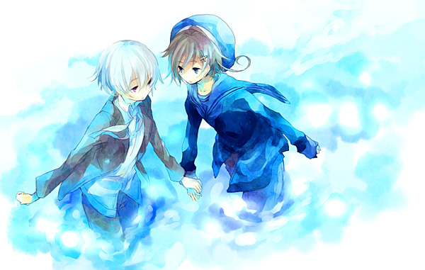 2boys, acht, ahoge, bad_id, blue, brown_hair, coat, hat, holding_hands, iceland_(hetalia), neck_ribbon, norway_(hetalia), sabutarou, sailor, sailor_hat, sailor_uniform, siblings, water, white_hair