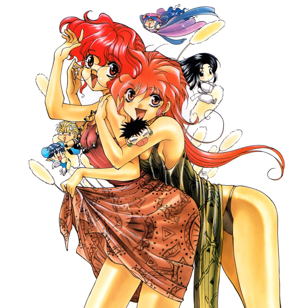 4girls, 90s, ^_^, alternate_costume, bakuretsu_hunters, black_hair, blonde_hair, blue_hair