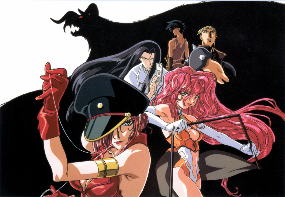 3boys, 90s, armband, bakuretsu_hunters, black_hair, blonde_hair, breasts, carrot_glace