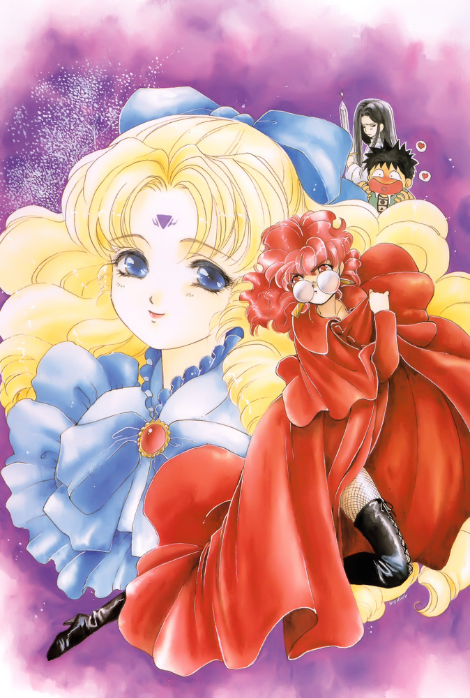 2girls, 90s, bakuretsu_hunters, barbara_oilvert, black_hair, black_legwear, blonde_hair, blue_eyes, bow, brooch, carrot_glace, coat, facial_mark, forehead_mark, frills, glasses, hair_bow, heart, jewelry, long_hair, marron_glace, multiple_boys, multiple_girls, official_art, omishi_rei, pink_eyes, purple_background, ribbon, serious, smile, spiked_hair, spiky_hair, sword, thigh-highs, thighhighs, tira_misu, weapon