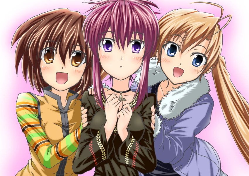 blue_eyes, brown_eyes, brown_hair, chikage_(sister_princess), cross, jacket, long_hair, mamoru_(sister_princess)
