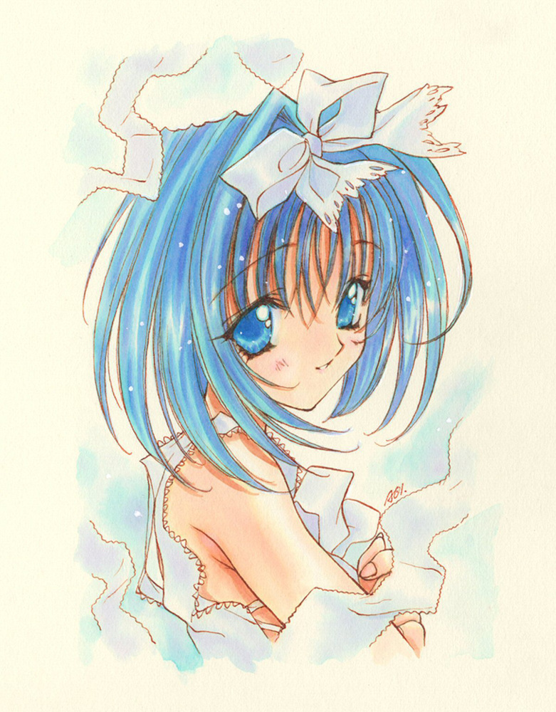 90s, asuka_120_percent, blue_eyes, blue_hair, blush, bow, hair_bow, honda_asuka, nanase_aoi, official_art, ribbon, short_hair, smile, solo