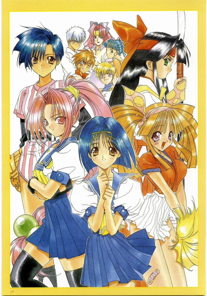 90s, asuka_120_percent, bandaid, black_hair, black_legwear, blonde_hair, blue_hair, brown_eyes