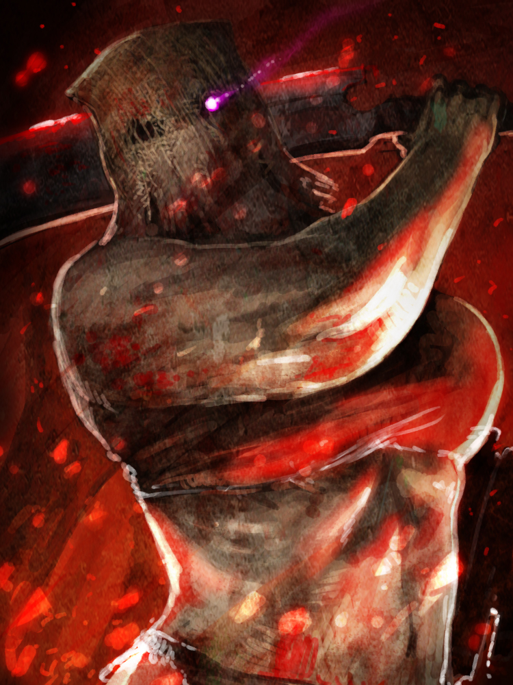 blood, cleaver, dark_souls, glowing, glowing_eye, maneater_mildred, muscle, navel, solo, yashiro50