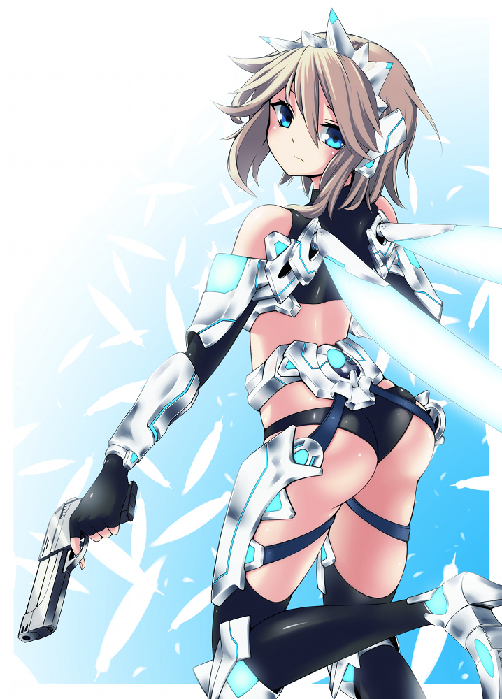 ass, black_panties, blue_eyes, dangan_neko, grey_hair, gun, headdress, mecha_musume, original, panties, pistol, short_hair, solo, stilettos, underwear, weapon, wings