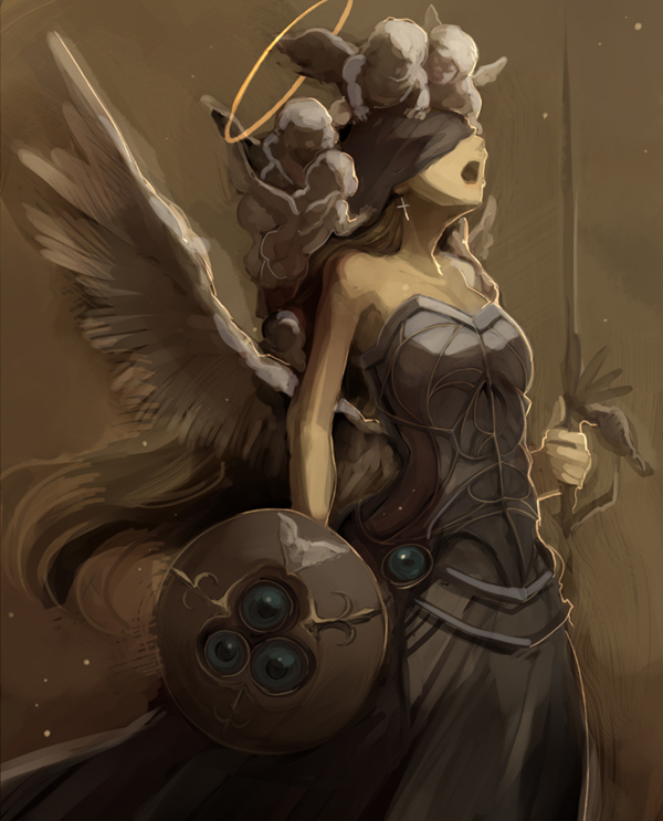 armor, armored_dress, blindfold, cross, halo, lord_of_vermilion, lord_of_vermillion, open_mouth, shield, shimadoriru, valkyrie, wings
