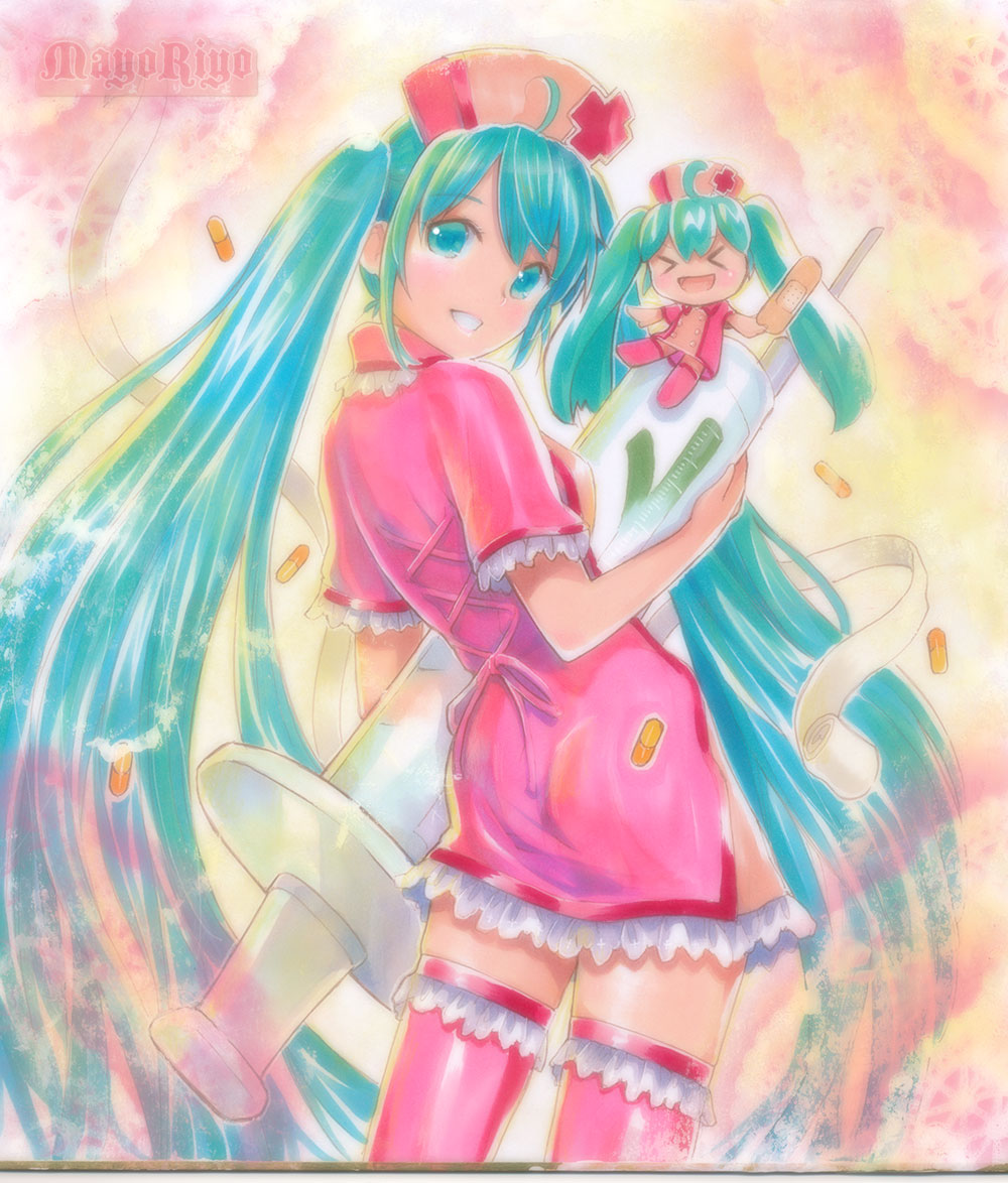 >_<, ahoge, aqua_eyes, aqua_hair, artist_name, bandaid, character_doll, cosplay