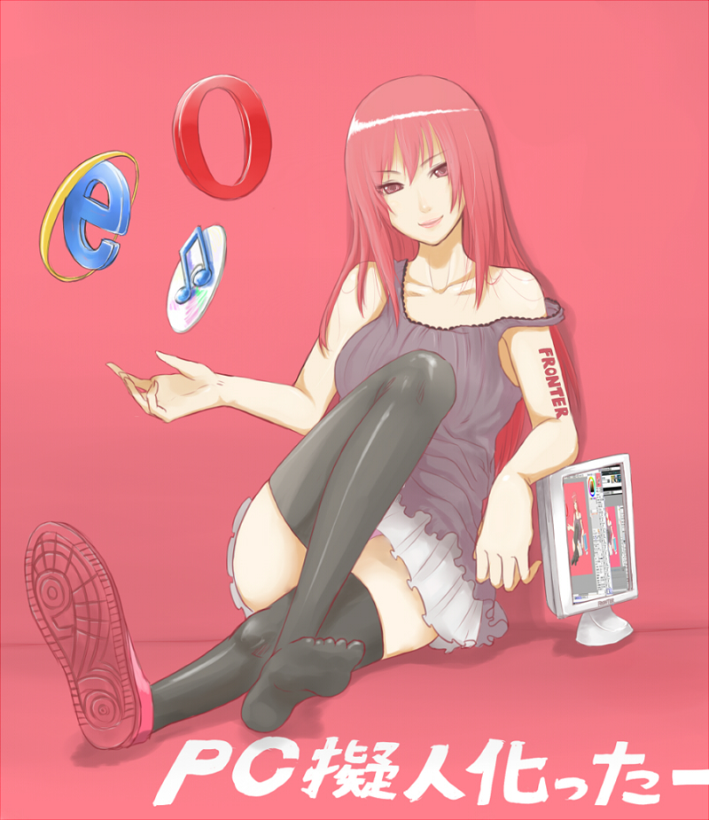 bigoru, cd, computer, internet_explorer, looking_at_viewer, off_shoulder, opera_(web_browser), original