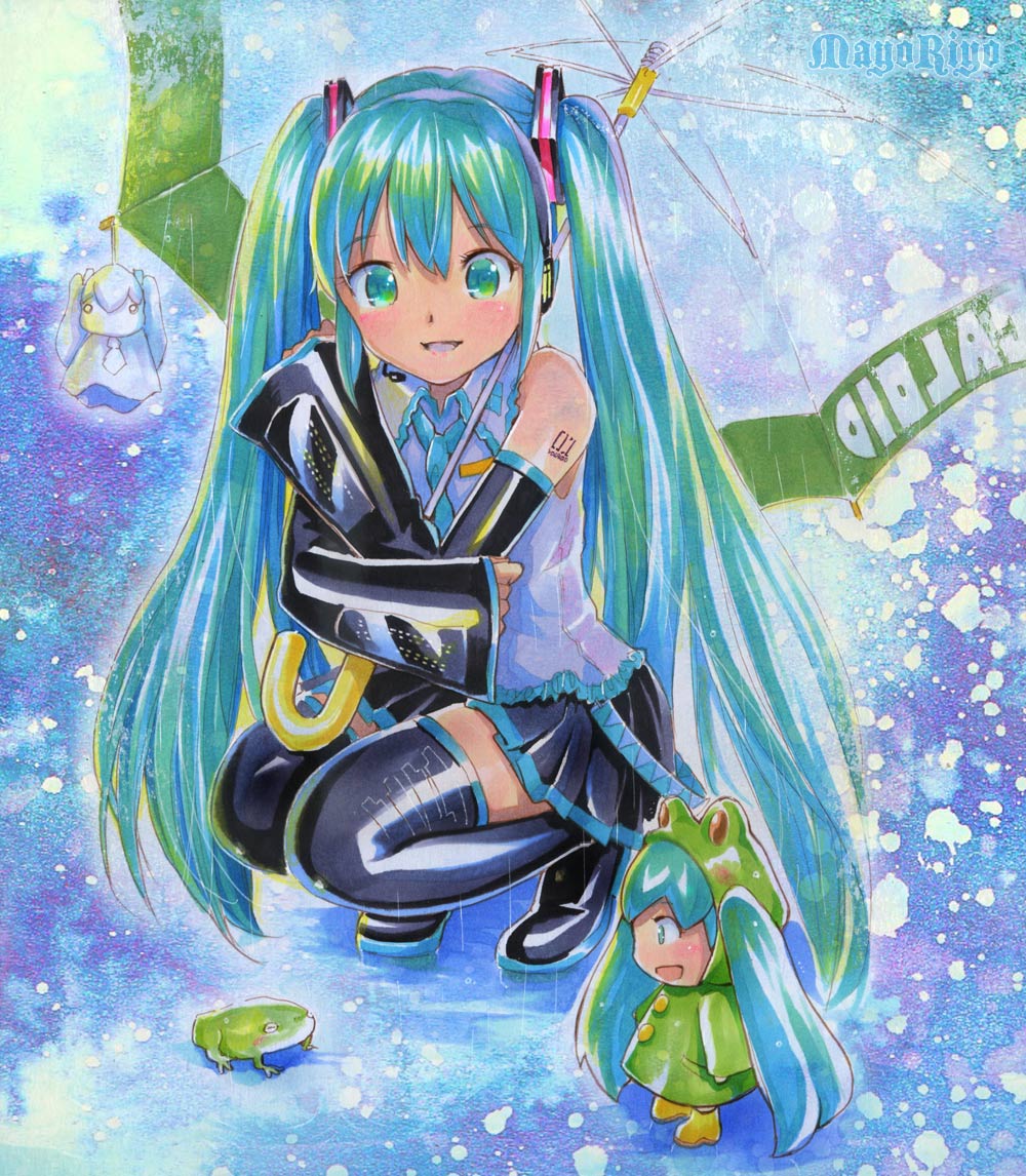 aqua_eyes, aqua_hair, artist_name, bare_shoulders, black_legwear, blush, boots, chibi, detached_sleeves, dual_persona, frog, frog_raincoat, hatsune_miku, headset, long_hair, marker_(medium), mayo_riyo, multiple_girls, pastel_(medium), raincoat, skirt, smile, squatting, standing, teruterubouzu, thigh-highs, thigh_boots, thighhighs, traditional_media, twintails, umbrella, very_long_hair, vocaloid