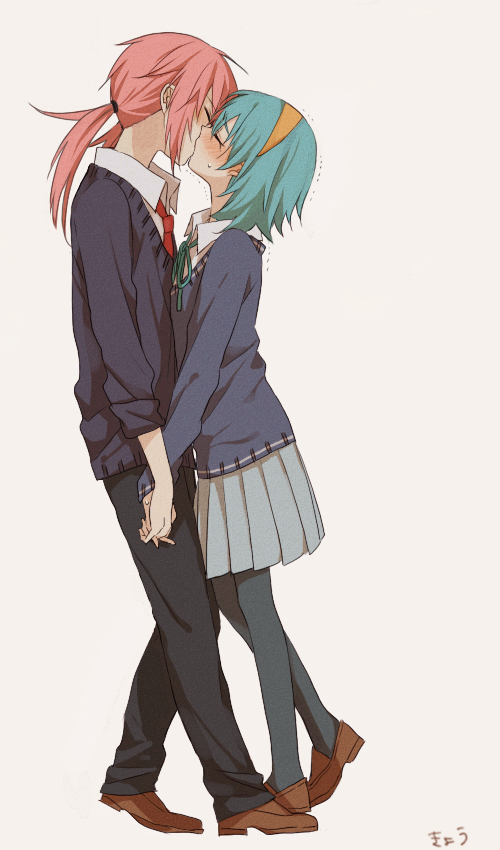 1girl, aqua_hair, black_legwear, blush, closed_eyes, couple, eyes_closed, genderswap