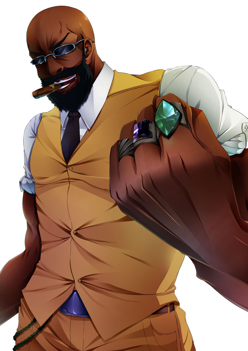 aki_ii, bald, beard, belt, cigar, clenched_hand, dark_skin, dress_shirt