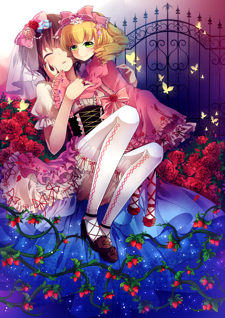 ankle_lace-up, anthiea, blonde_hair, bloomers, bow, brown_hair, butterfly, closed_eyes