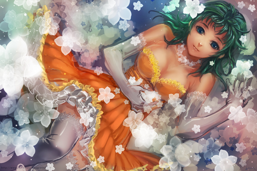 bare_shoulders, breasts, cleavage, elbow_gloves, flower, from_above, gloves, green_eyes