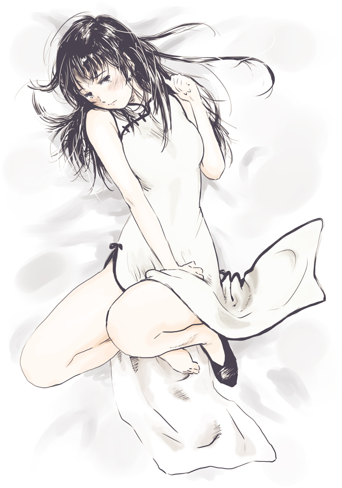 black_hair, blush, china_dress, chinese_clothes, iro_(waterloafer), long_hair, looking_at_viewer, lying