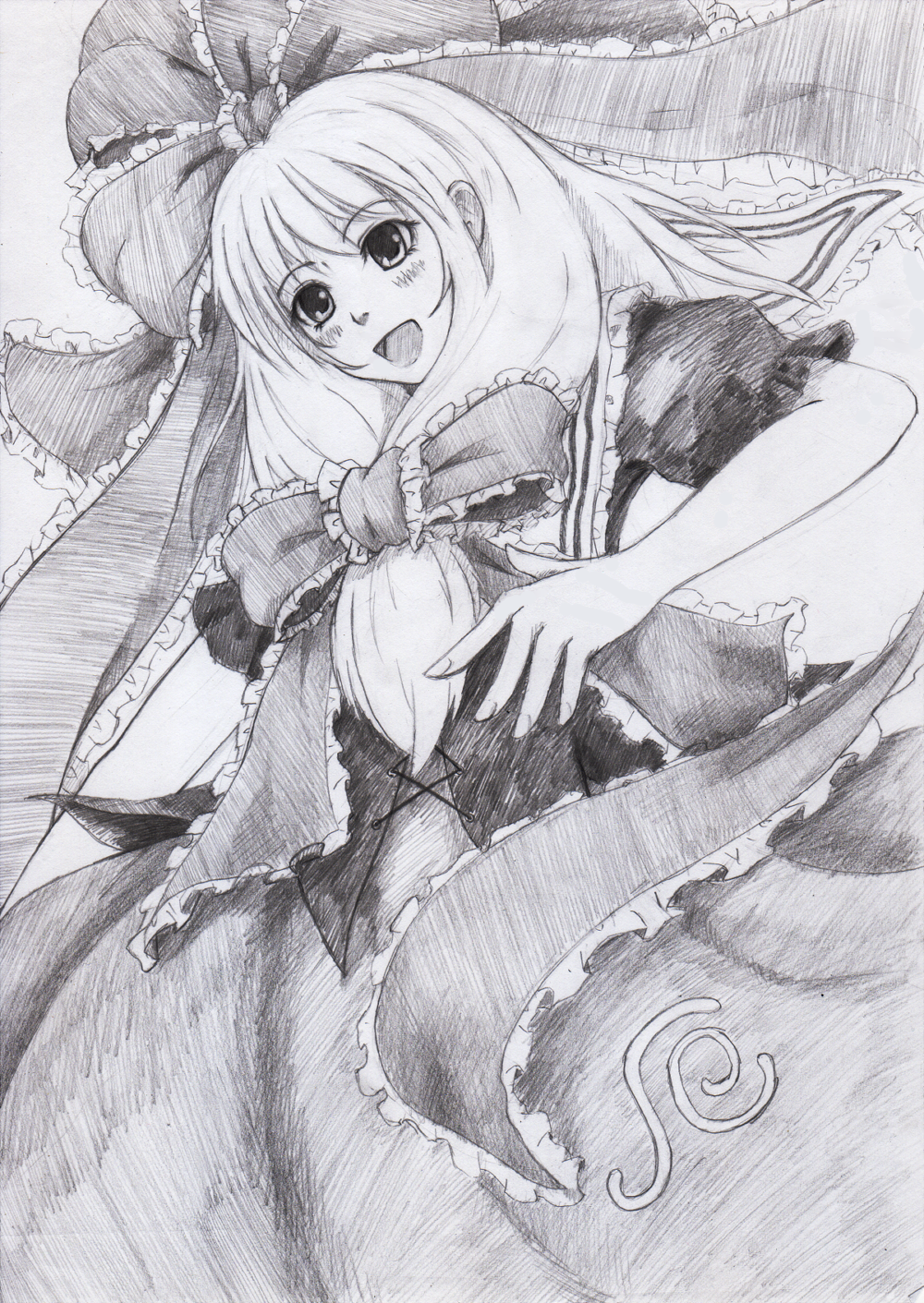 blush, bow, doboru_(pixiv20862474), dress, frills, front_ponytail, graphite_(medium), hair_bow