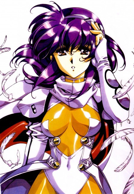 90s, bodysuit, breasts, cape, clothed_navel, feathers, lambda_(langrisser), langrisser