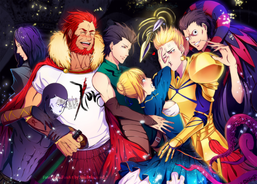 6+boys, akubaka, anger_vein, artist_name, assassin_(fate/zero), berserker_(fate/zero), black_hair, blonde_hair