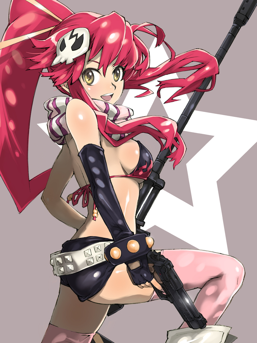 anti-materiel_rifle, belt, bikini_top, breasts, butt_crack, fingerless_gloves, gloves, gun