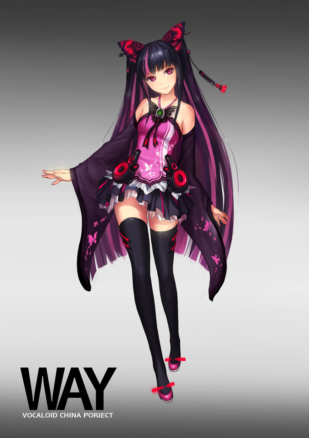 1girl, bare_shoulders, black_hair, black_legwear, blush, error, flower, gradient, gradient_background, hair_flower, hair_ornament, highres, hjl, long_hair, long_legs, multicolored_hair, pink_eyes, pink_hair, skirt, smile, solo, thighhighs, title_drop, two-tone_hair, typo, vocaloid_china, way_(vocaloid)