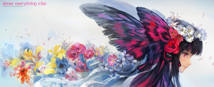 black_hair, blush, character_request, flower, hair_flower, hair_ornament, headphones, hjl