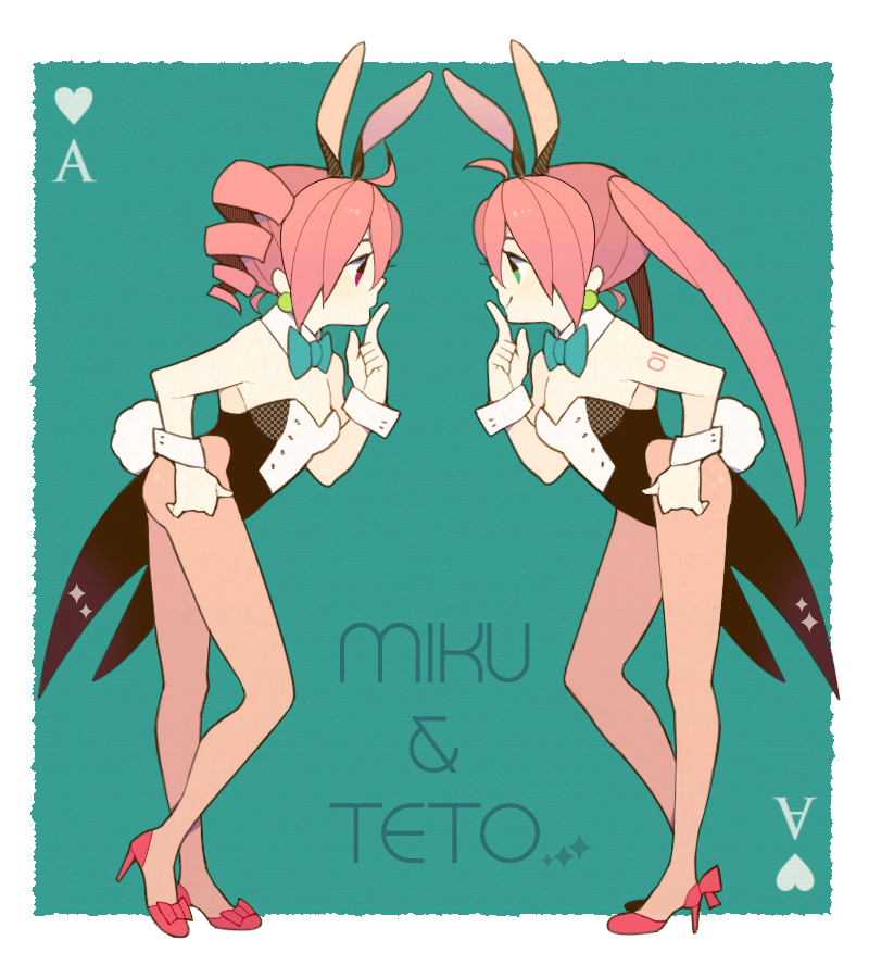 animal_ears, bowtie, bunny_ears, character_name, collar, green_eyes, hatsune_miku, high_heels