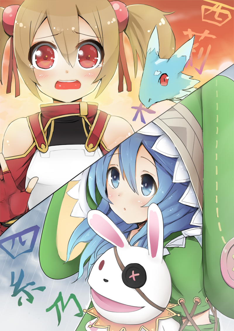 animal_hood, bare_shoulders, blue_hair, breastplate, brown_hair, bunny, crossover, date_a_live