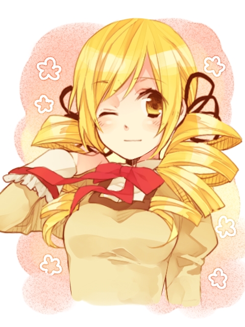 ;), blonde_hair, blush, bust, drill_hair, hair_ornament, mahou_shoujo_madoka_magica, school_uniform, shizu_(nanamie), solo, tomoe_mami, twin_drills, wink, yellow_eyes
