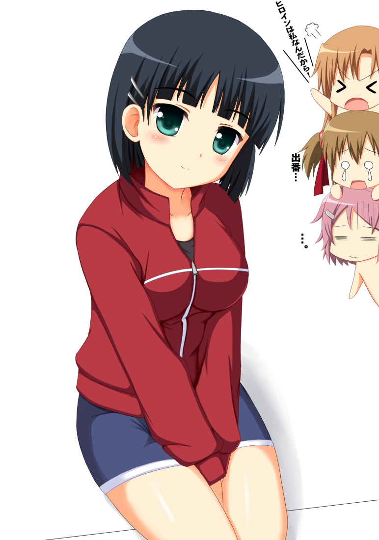 >_<, =_=, asuna_(sao), black_hair, borubomu, casual, chibi, green_eyes