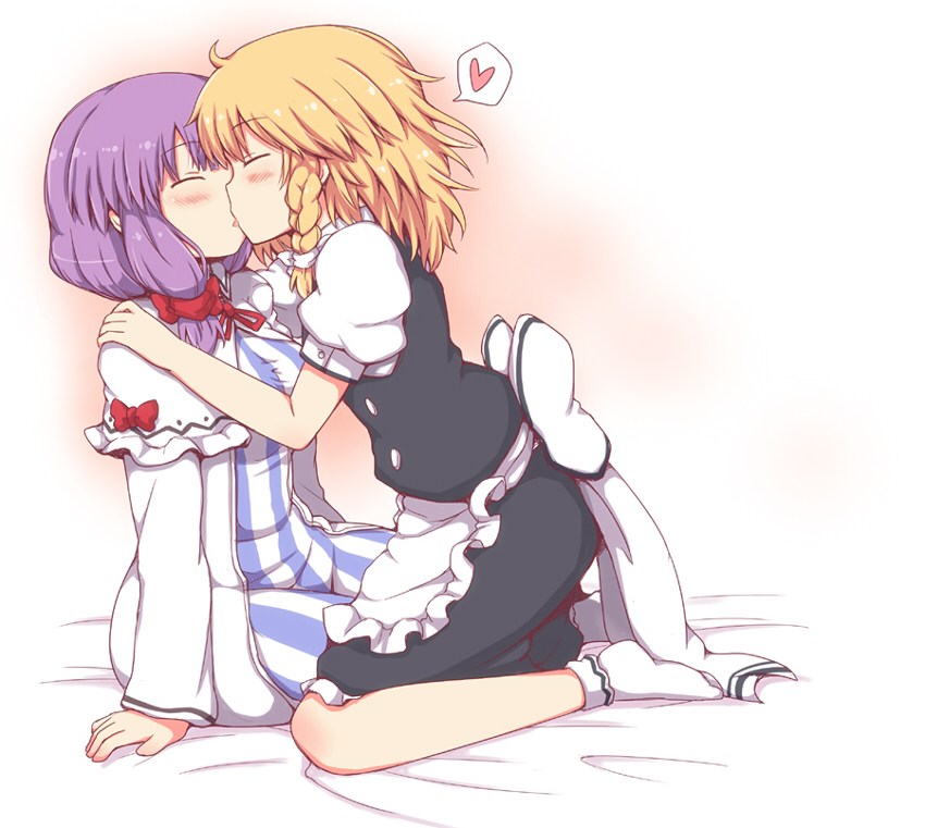 blonde_hair, blush, braid, capelet, closed_eyes, eyes_closed, hand_on_another's_shoulder, hand_on_another's_shoulder