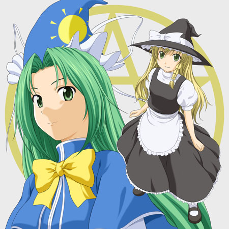 blonde_hair, braid, green_eyes, green_hair, hat, hiiro_(imoimo), kirisame_marisa, kupikykupiky, long_hair, lowres, mima, ribbon, touhou, witch_hat, wizard_hat