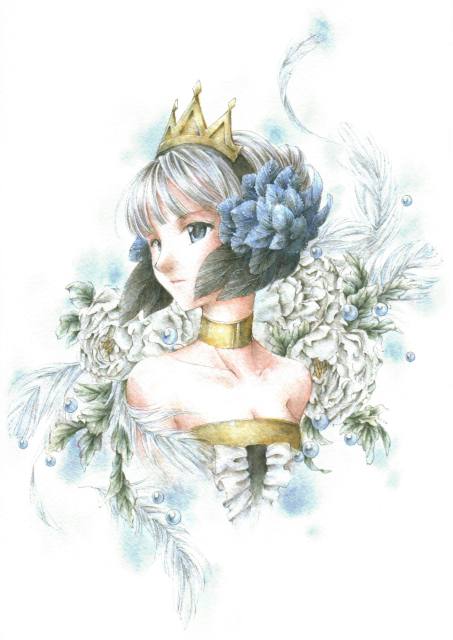 crown, face, feathers, flower, gwendolyn, hair_ornament, lowres, nanai_yuki, odin_sphere, revision, rose, solo, traditional_media, watercolor_(medium), white_rose