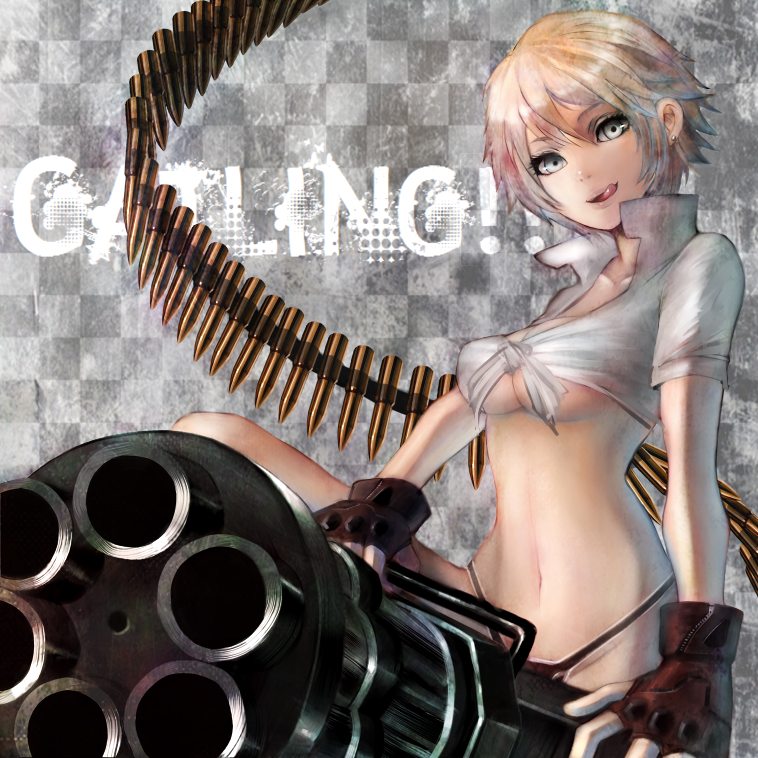 :q, akubi_(fyfy), ammunition_belt, blonde_hair, breasts, checkered, checkered_background, english