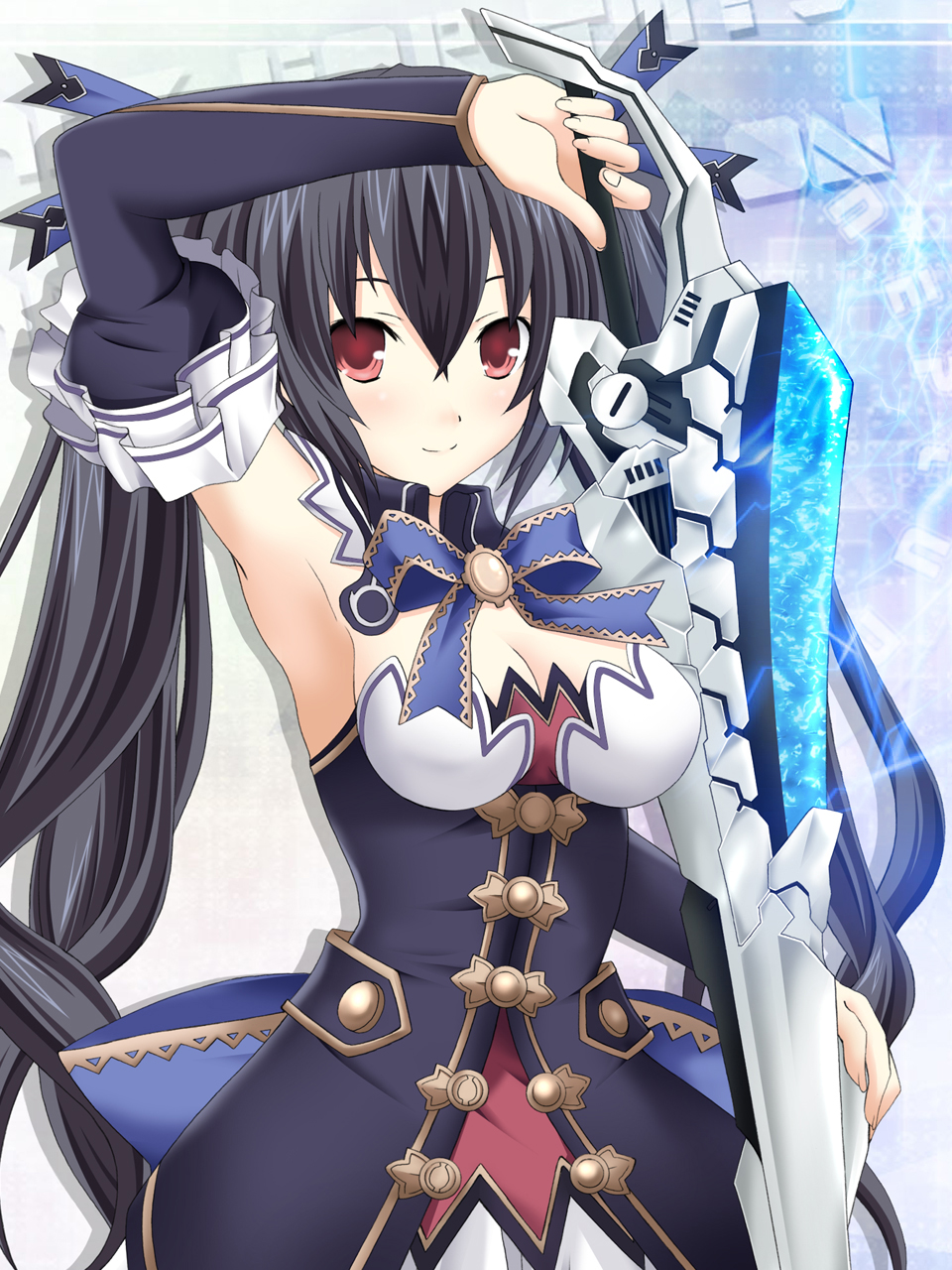 arm_up, armpits, black_hair, black_heart, blush, breasts, choujigen_game_neptune, cleavage