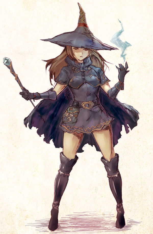 boots, brown_eyes, brown_hair, cape, gloves, hat, komgakure, long_hair