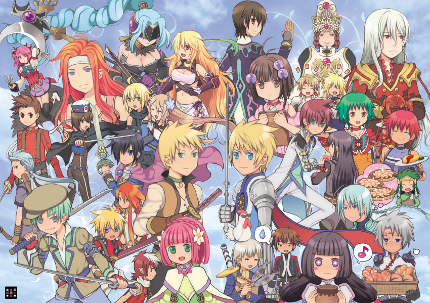 6+boys, 6+girls, :3, absolutely_everyone, ahoge, albino, aqua_eyes, armband, armor, asbel_lhant, bag, basket, beret, bird, black_hair, black_legwear, blonde_hair, blue_background, blue_eyes, blue_hair, bodysuit, braid, bread, breasts, brown_eyes, brown_hair, caius_qualls, cape, cheria_barnes, chester_barklight, chicken, chloe_valens, choker, cleavage, cless_alvein, closed_eyes, colored_eyelashes, crab, cropped_jacket, crown, dagger, detached_sleeves, dress, duke_pantarei, elraine, emil_castagnier, everyone, expressionless, eyes_closed, farah_oersted, fingerless_gloves, fish, flower, flynn_scifo, food, gloves, gradient_hair, green_eyes, green_hair, grey_eyes, grin, grocery_bag, guy_cecil, hair_flower, hair_ornament, hair_over_one_eye, hairpin, hat, headband, highres, hot_dog, jude_mathis, kohak_hearts, kurarin, kyle_dunamis, large_breasts, leon_magnus, lloyd_irving, long_hair, low-tied_long_hair, luke_fon_fabre, marta_lualdi, mask, midriff, milla_maxwell, multicolored_hair, multiple_boys, multiple_girls, musical_note, navel, no_nose, omelet, pie, pink_hair, pointy_ears, ponytail, pudding, purple_dress, purple_eyes, reala, red_eyes, red_hair, redhead, rid_hershel, rubia_natwick, ruca_milda, schwartz, senel_coolidge, shing_meteoryte, shoes, shopping_bag, short_hair, single_braid, skirt, smile, spada_belforma, spiked_hair, spiky_hair, stahn_aileron, surcoat, sweatdrop, sword, tales_of_(series), tales_of_destiny, tales_of_destiny_2, tales_of_eternia, tales_of_graces, tales_of_hearts, tales_of_innocence, tales_of_legendia, tales_of_phantasia, tales_of_rebirth, tales_of_symphonia, tales_of_symphonia_knight_of_ratatosk, tales_of_the_abyss, tales_of_the_tempest, tales_of_vesperia, tales_of_xillia, tears, thigh-highs, thighhighs, thought_bubble, two-tone_hair, two_side_up, tytree_crowe, veigue_lungberg, violet_eyes, weapon, white_hair, yuri_lowell, zelos_wilder