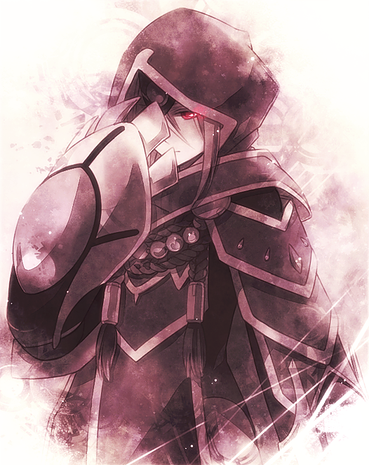 ao2222, armor, coat, hood, incarose, monochrome, purple, red_eyes, solo, spot_color, tales_of_(series), tales_of_hearts