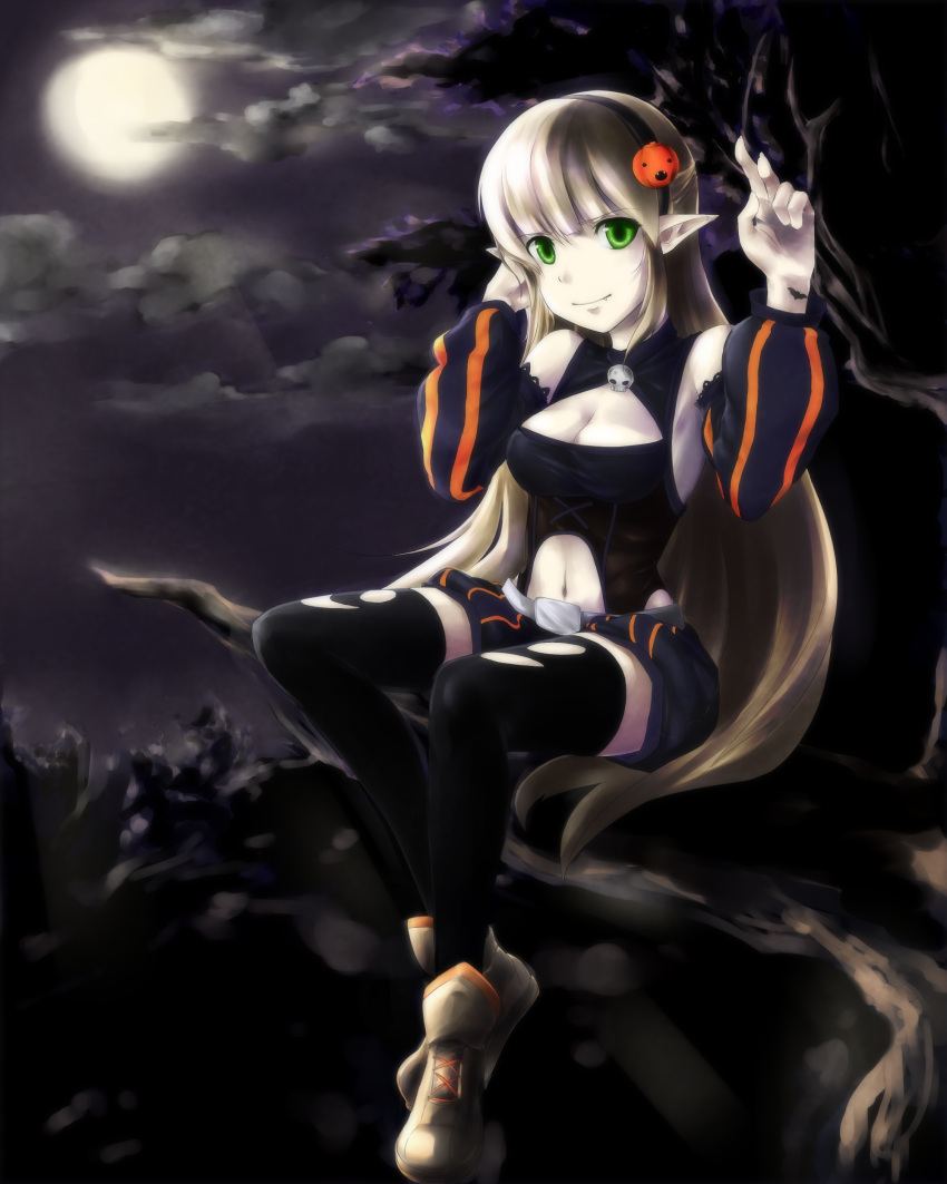 absurdres, aerlai, black_legwear, breasts, cleavage, cleavage_cutout, detached_sleeves, elf