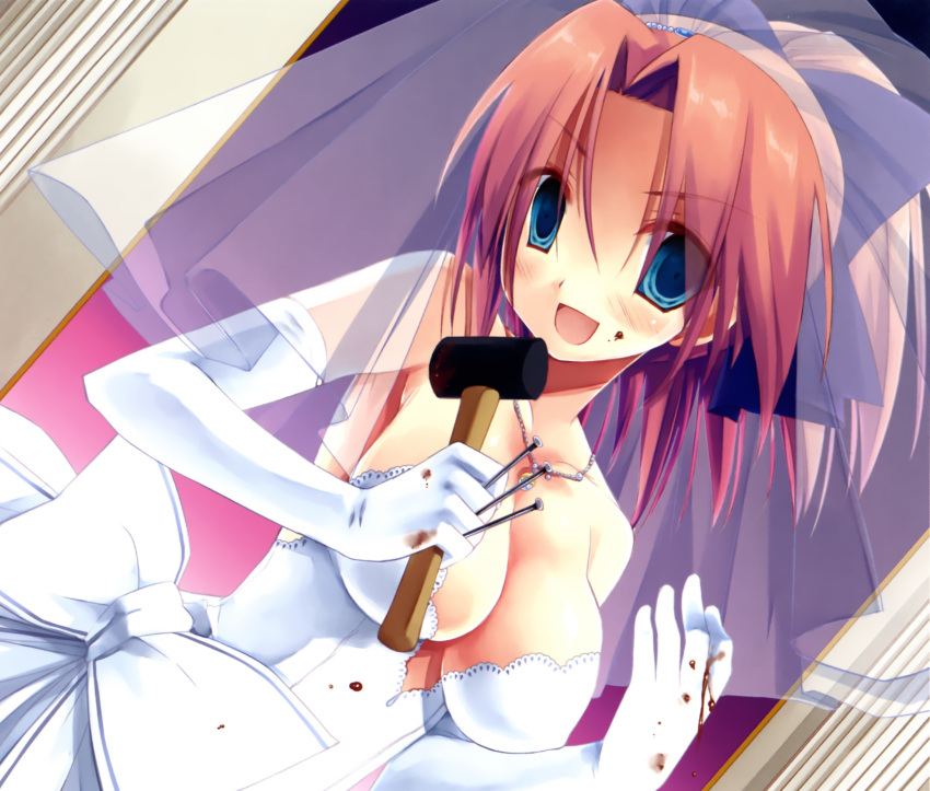 bare_shoulders, blood, blood_on_face, blue_eyes, breasts, bridal_veil, cleavage, dress, elbow_gloves, empty_eyes, gloves, hair_ornament, hammer, highres, jewelry, koumoto_ayase, large_breasts, miyasu_risa, necklace, official_art, pink_hair, ponytail, ribbon, solo, veil, weapon, wedding_dress, white_dress, yandere, yandere_no_onna_no_ko_ni_shinu_hodo_aisarete_nemurenai_cd