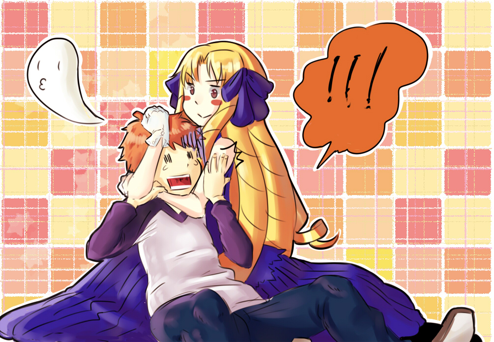1boy, 1girl, blonde_hair, blush_stickers, bow, choke_hold, drawfag, emiya_shirou